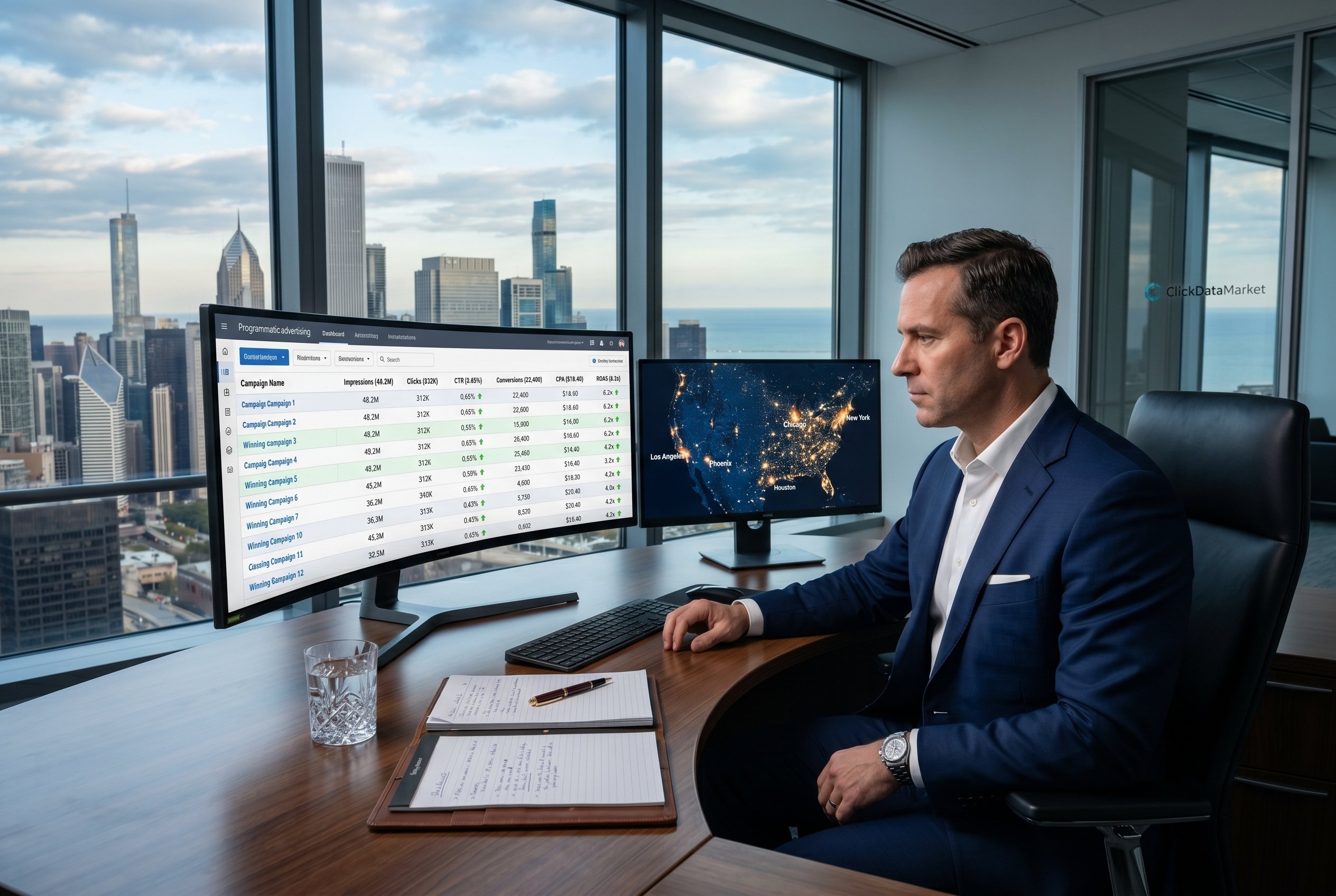 Advertiser analyzing campaign performance on large monitor